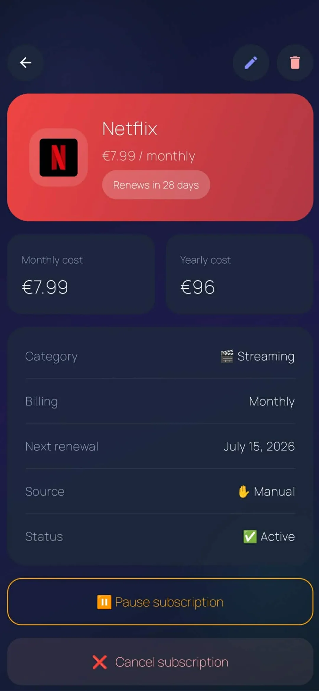 Subio — subscription detail view