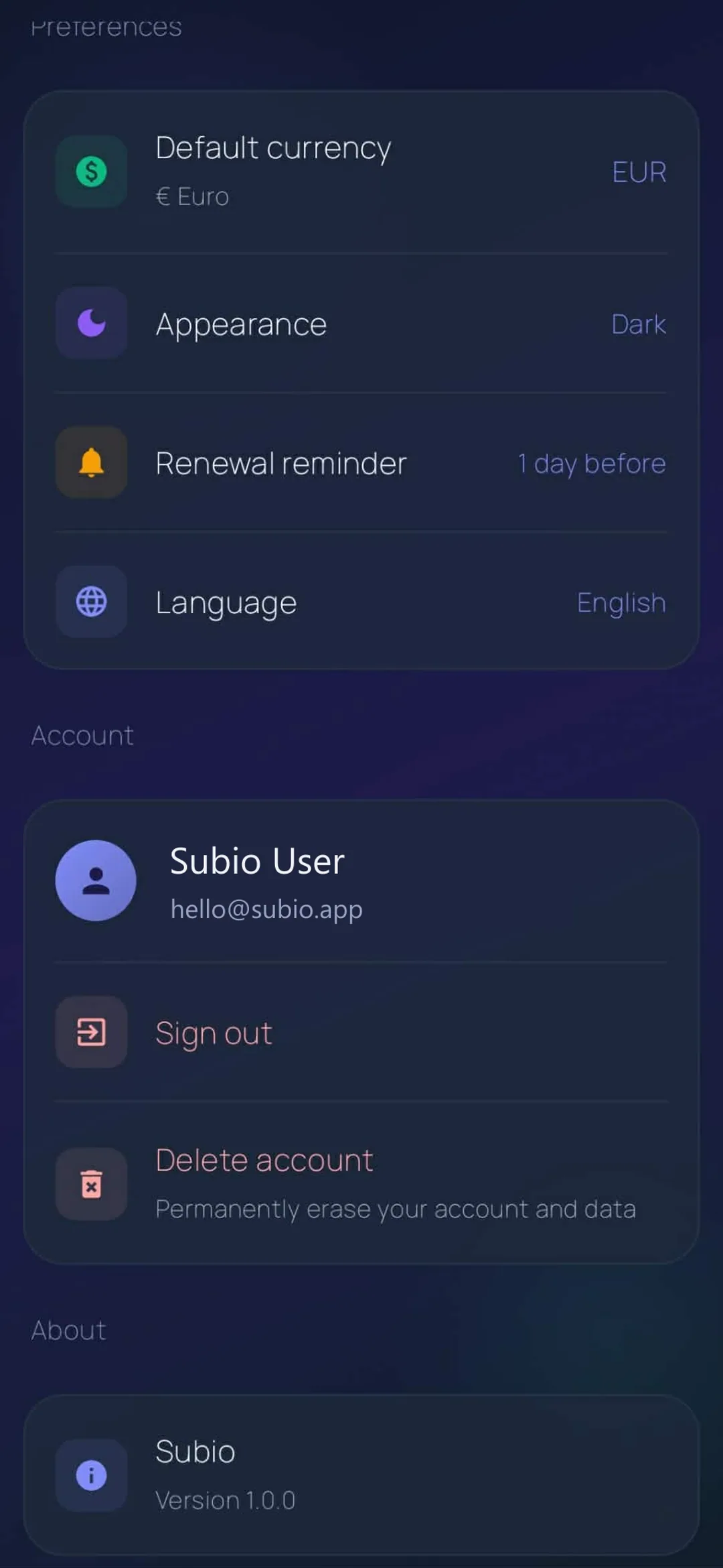 Subio — settings and preferences